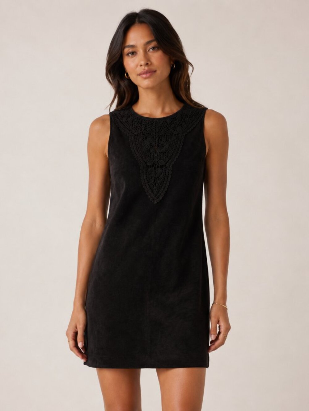 American Rag Crochet Lace Motif Faux Suede Black Sleeveless Sheath Mini Dress